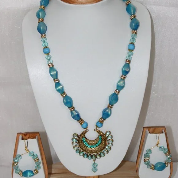 Bluestone Jewellery Set Skyblue Jewellery Set Blue Beads Long Necklace Set - Picture 1 of 2
